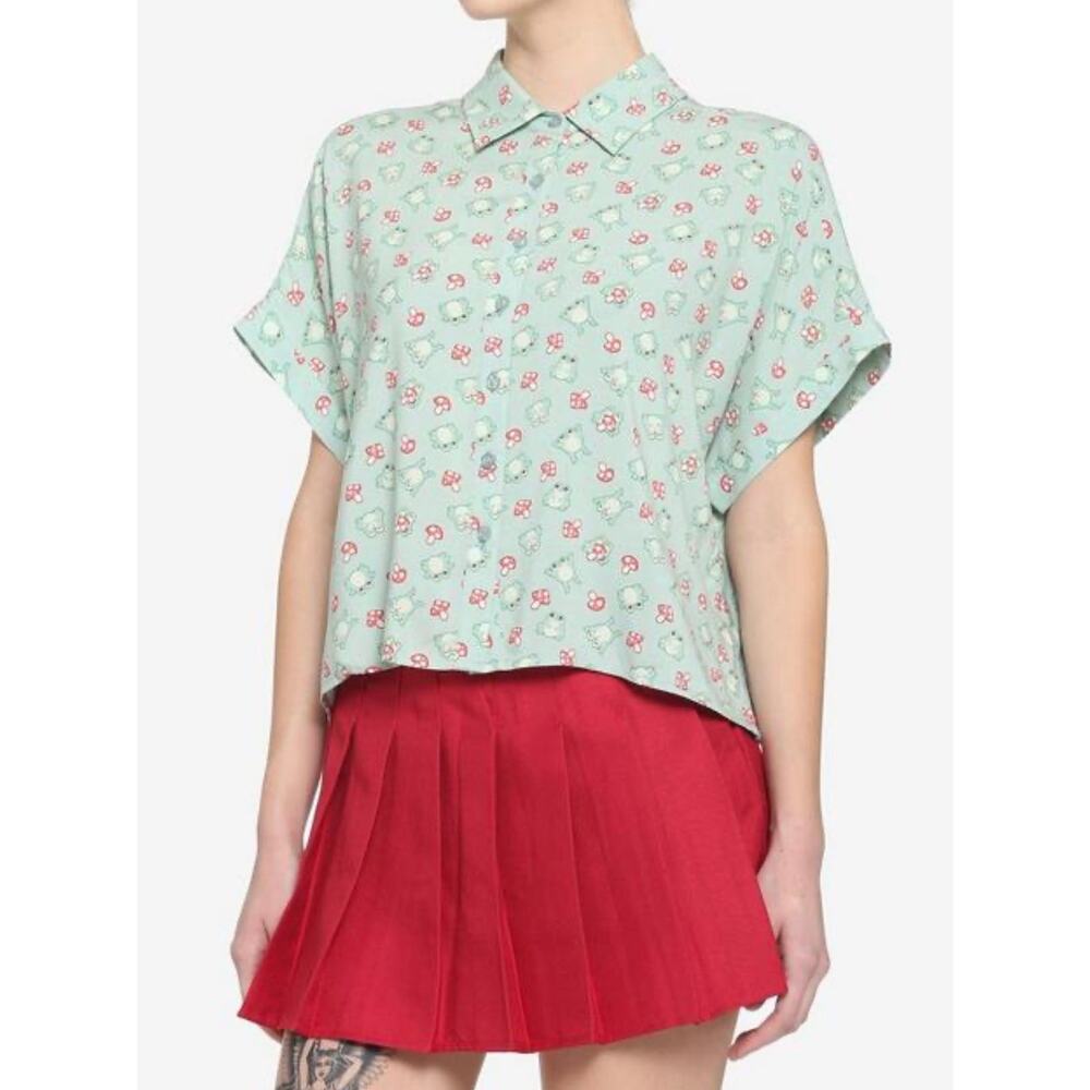 Hot Topic Frog & Mushroom Boxy Girls Crop Woven‎ Button-Up